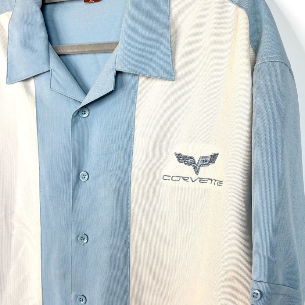 Corvette Logo Light Blue White Men's Retro 90’s Rockabilly Bowling Shirt 2X - Picture 7 of 9